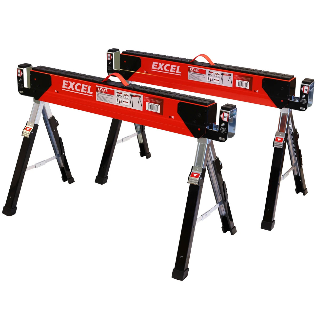 Excel 6288 Heavy Duty Steel Folding Sawhorse With Adjustable Legs Twin Pack 1178kg Capacity 1 Excel 6288 Heavy Duty Steel Folding Sawhorse With Adjustable Legs Twin Pack 1178kg Capacity