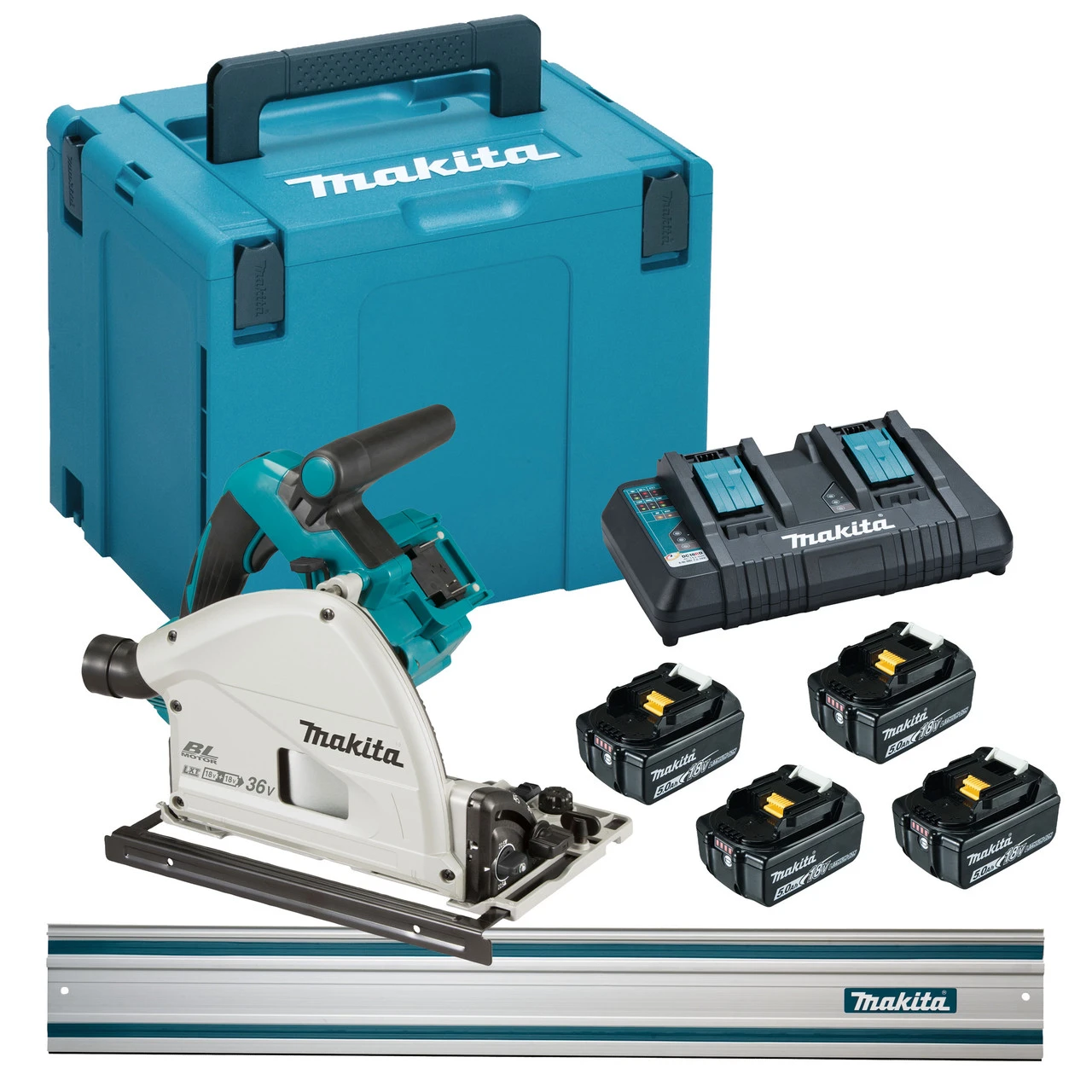 Makita DSP600 36V 165mm Plunge Saw & Guide Rail (4 X 5.0Ah Batteries) In MakPac 1 Makita DSP600 36V 165mm Plunge Saw & Guide Rail (4 X 5.0Ah Batteries) In MakPac